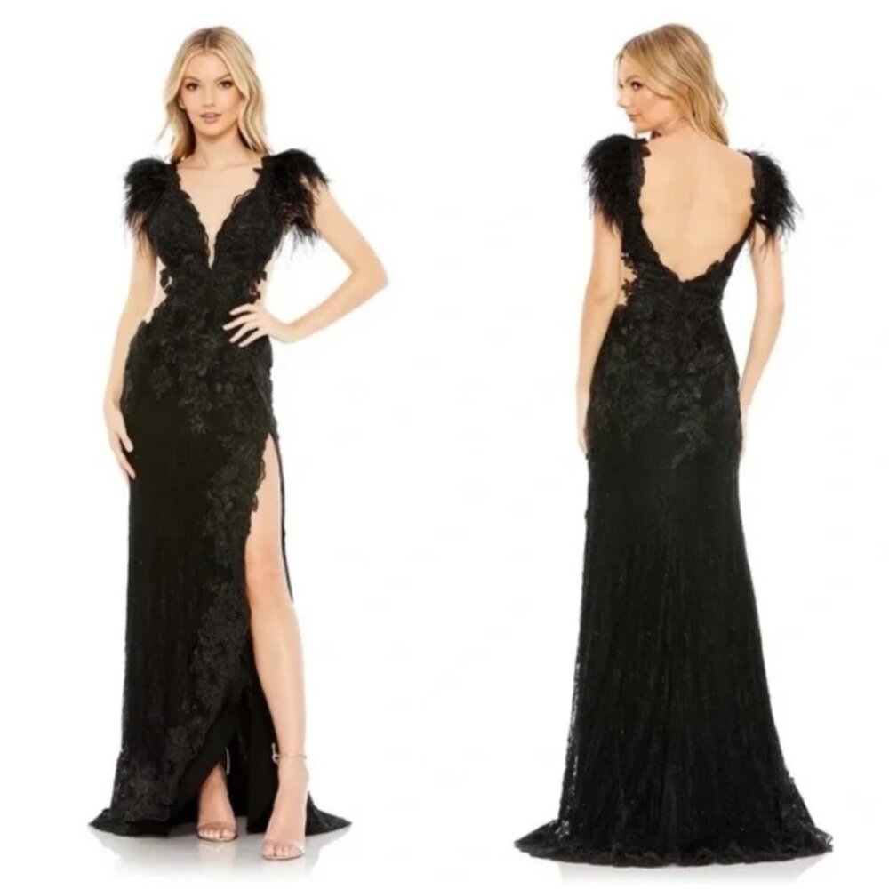 $698 Mac Duggal 67782 Size 4 Black Feather Cap Sleeve Lace Gown Long Maxi‎ Dress